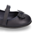 OKAA girl School shoes Mary Jane style with hook and loop strap and bow in washable leather.