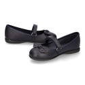 OKAA girl School shoes Mary Jane style with hook and loop strap and bow in washable leather.