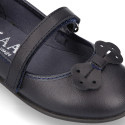 OKAA girl School shoes Mary Jane style with hook and loop strap and bow in washable leather.