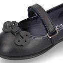 OKAA girl School shoes Mary Jane style with hook and loop strap and bow in washable leather.