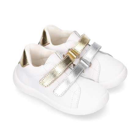 White Nappa leather combined OKAA Little kids School tennis shoes laceless.