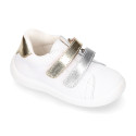 White Nappa leather combined OKAA Little kids School tennis shoes laceless.