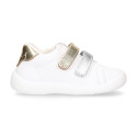 White Nappa leather combined OKAA Little kids School tennis shoes laceless.