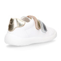 White Nappa leather combined OKAA Little kids School tennis shoes laceless.