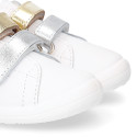 White Nappa leather combined OKAA Little kids School tennis shoes laceless.