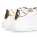 White Nappa leather combined OKAA Little kids School tennis shoes laceless.