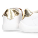 White Nappa leather combined OKAA Little kids School tennis shoes laceless.