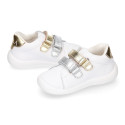 White Nappa leather combined OKAA Little kids School tennis shoes laceless.