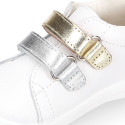 White Nappa leather combined OKAA Little kids School tennis shoes laceless.