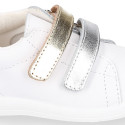 White Nappa leather combined OKAA Little kids School tennis shoes laceless.