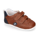 Tan color OKAA FLEX tennis kids shoes laceless and with zero drop.