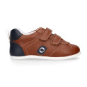 Tan color OKAA FLEX tennis kids shoes laceless and with zero drop.