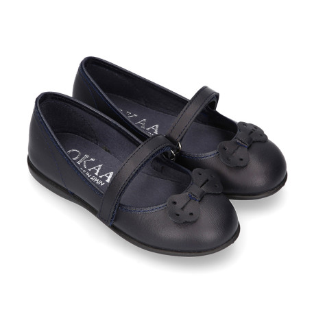 OKAA girl School shoes Mary Jane style with hook and loop strap and bow in washable leather.