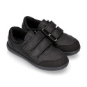 Washable leather kids School sport shoes Blucher style laceless and with reinforced toe cap.