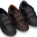 Washable leather kids School sport shoes Blucher style laceless and with reinforced toe cap.