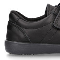 Washable leather kids School sport shoes Blucher style laceless and with reinforced toe cap.