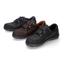 Washable leather kids School sport shoes Blucher style laceless and with reinforced toe cap.