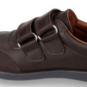 Washable leather kids School sport shoes Blucher style laceless and with reinforced toe cap.