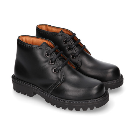 School kids ankle boot shoes, road shoes style lace closure in leather.