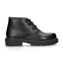 School kids ankle boot shoes, road shoes style lace closure in leather.