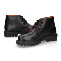 School kids ankle boot shoes, road shoes style lace closure in leather.