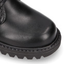 School kids ankle boot shoes, road shoes style lace closure in leather.