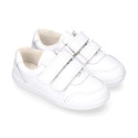 White Washable leather kids School sneakers shoes laceless and with reinforced toe cap.