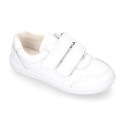 White Washable leather kids School sneakers shoes laceless and with reinforced toe cap.