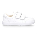 White Washable leather kids School sneakers shoes laceless and with reinforced toe cap.