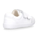 White Washable leather kids School sneakers shoes laceless and with reinforced toe cap.