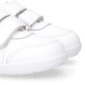 White Washable leather kids School sneakers shoes laceless and with reinforced toe cap.