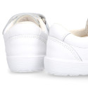 White Washable leather kids School sneakers shoes laceless and with reinforced toe cap.