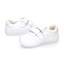 White Washable leather kids School sneakers shoes laceless and with reinforced toe cap.