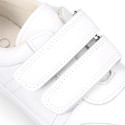 White Washable leather kids School sneakers shoes laceless and with reinforced toe cap.