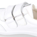 White Washable leather kids School sneakers shoes laceless and with reinforced toe cap.