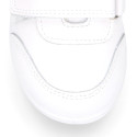 White Washable leather kids School sneakers shoes laceless and with reinforced toe cap.