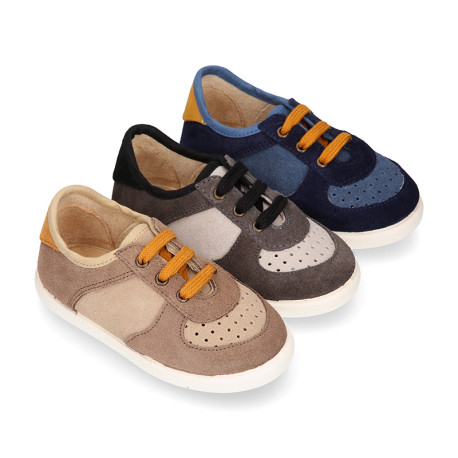 Kids suede leather CASUAL Sneaker shoes with laces.