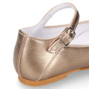 BRONZE color soft leather girl halter Mary Jane shoes with buckle fastening.