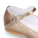 BRONZE color soft leather girl halter Mary Jane shoes with buckle fastening.