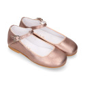 PINK GOLD color soft leather girl halter Mary Jane shoes with buckle fastening.