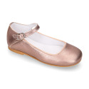 PINK GOLD color soft leather girl halter Mary Jane shoes with buckle fastening.