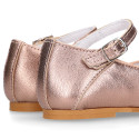 PINK GOLD color soft leather girl halter Mary Jane shoes with buckle fastening.