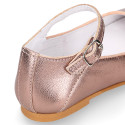 PINK GOLD color soft leather girl halter Mary Jane shoes with buckle fastening.