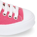 French Pink Cotton canvas OKAA Sneaker shoes with shoelaces and toe cap.