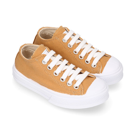 TAN color Cotton canvas OKAA Sneaker shoes with shoelaces and toe cap.