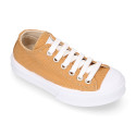 TAN color Cotton canvas OKAA Sneaker shoes with shoelaces and toe cap.