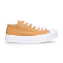 TAN color Cotton canvas OKAA Sneaker shoes with shoelaces and toe cap.