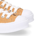 TAN color Cotton canvas OKAA Sneaker shoes with shoelaces and toe cap.