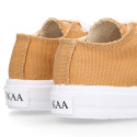 TAN color Cotton canvas OKAA Sneaker shoes with shoelaces and toe cap.