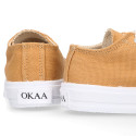 TAN color Cotton canvas OKAA Sneaker shoes with shoelaces and toe cap.